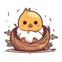 Cute little chicken in the nest. Vector illustration on white background.