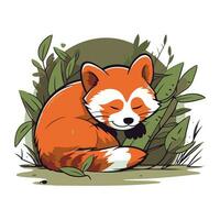 Cute red panda sleeping on the grass. Vector illustration.