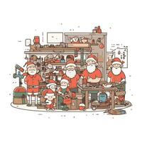 Santa Claus and children in the kitchen. Vector illustration in cartoon style.