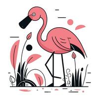 Flamingo on the background of the pond. Vector illustration.