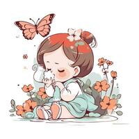 linda pequeño niña con flores y mariposas vector mano dibujado ilustración.