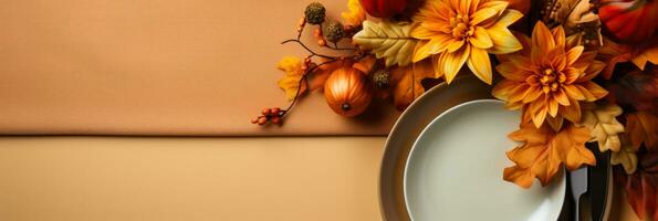 Classic Thanksgiving table settings in honey gold tones background with empty space for text photo
