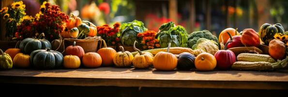 agricultores mercados rebosante con otoño cosecha enmarcado en vibrante tonos de calabaza naranja carmesí y raíz de remolacha foto