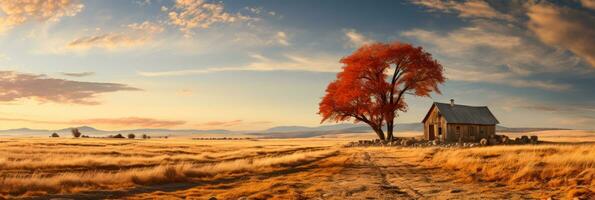 Old farm harvest scene enveloped in rustic hues of barn red wheat gold and chestnut brown photo