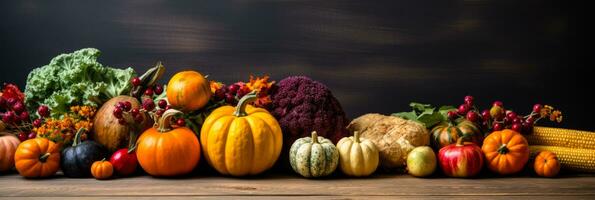 Fall harvest market display in rich autumn hues background with empty space for text photo