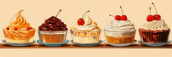 Retro illustrations of Thanksgiving desserts in caramel apple red vanilla and pecan hues photo