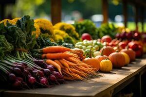 agricultores mercados rebosante con otoño cosecha enmarcado en vibrante tonos de calabaza naranja carmesí y raíz de remolacha foto