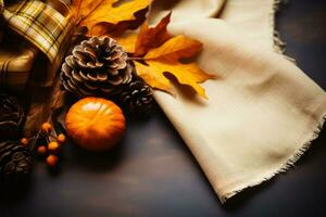 Classic Thanksgiving table settings in honey gold tones background with empty space for text photo