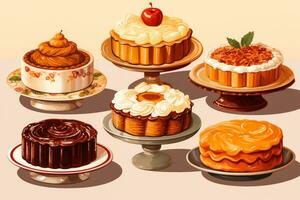 Retro illustrations of Thanksgiving desserts in caramel apple red vanilla and pecan hues photo