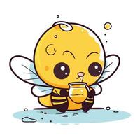 Cute cartoon bee with honey pot. Vector illustration of a cute bee