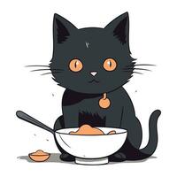 linda negro gato comiendo comida desde un bol. vector ilustración.