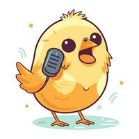 Cute little chick singing a song with microphone. Vector illustration.