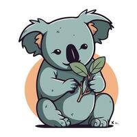 Cute cartoon koala holding a green leaf. Vector illustration.