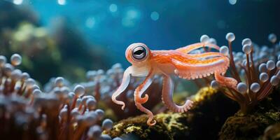 a beautiful giant squid around very beautiful coral reef AI Generative photo