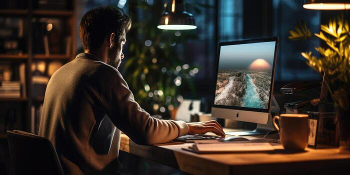 Back view portrait of a young man using laptop at his workplace Generative AI photo