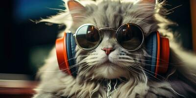 Cool cat in headphones and sunglasses, AI Generative photo