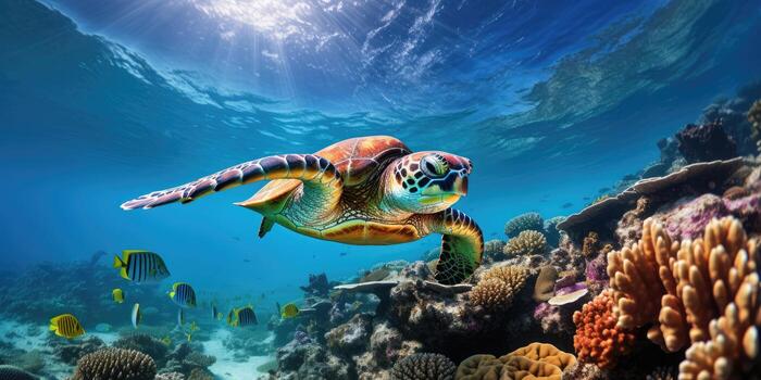 beautiful sea turtle around very beautiful coral reef AI Generative photo
