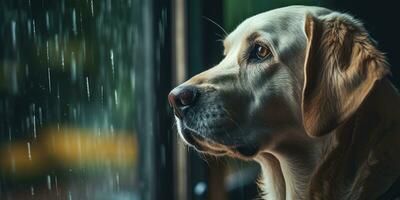 Lonely white labrador retriever waits sadly at home peering through rain drenched window, AI Generative photo