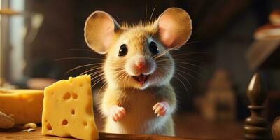 Cute mouse standing by eating delicious cheese AI Generative photo