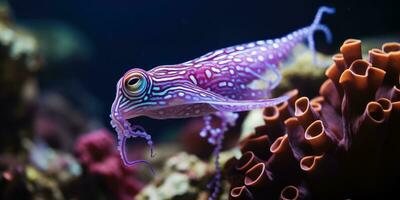 a beautiful giant squid around very beautiful coral reef AI Generative photo