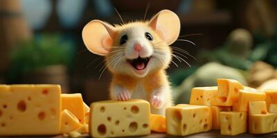 Cute mouse standing by eating delicious cheese AI Generative photo