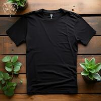 plain black t-shirt mockup with a hanger hanging on a wooden background, AI Generative photo