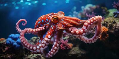 beautiful giant octopus around beautiful colorful coral AI Generative photo