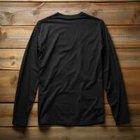 A view from back Luxurious plain black oversize t-shirt mockup with a hanger hanging on a wooden background, AI Generative photo