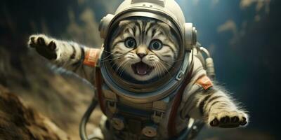 un linda gato en un astronauta traje es volador en el luna, ai generativo foto