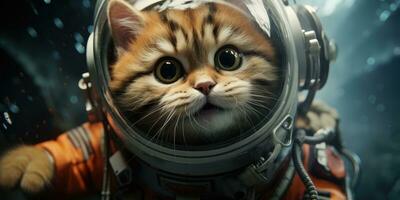 a cute cat in an astronaut suit is flying in the moon, AI Generative photo