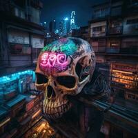 In the depths of a cyberpunk city, a robotic skull rests on a graffiti covered rooftop, AI Generative photo