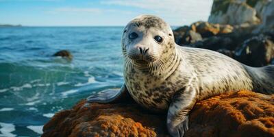 a cute seal sitting on beautiful rock near ocean AI Generative photo