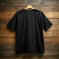 A view from back Luxurious plain black oversize t-shirt mockup with a hanger hanging on a wooden background, AI Generative photo