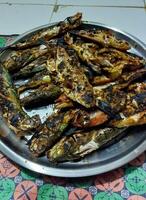 Ikan Kembung Bakar. Grilled Mackerel. Nasi Padang complementary food. Mackerel fish that is given various spices typical of Padang and then grilled on coconut shell charcoal photo