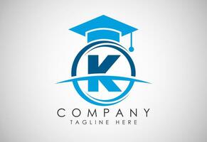 English alphabet K in a circle with education hat. Education and graduation logo vector