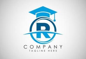 English alphabet R in a circle with education hat. Education and graduation logo vector