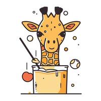 Cute giraffe drinking juice from a glass. Vector illustration.