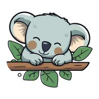 Cute koala sleeping on a branch with leaves. Vector illustration.