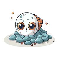 Cute cartoon snail sitting on pebbles. Vector illustration.