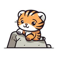 Cute tiger sitting on the rock. Vector illustration in cartoon style.