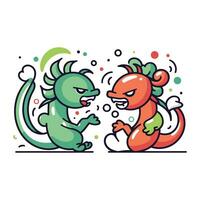 Cute cartoon dragon and lion. Vector illustration in line art style.