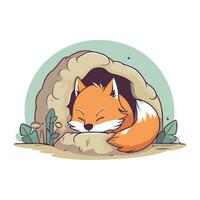 Cute fox sleeping in a cave. Vector illustration in cartoon style.