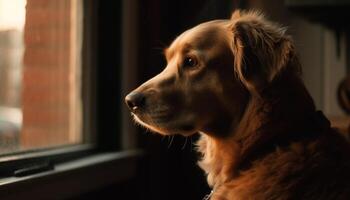 Cute puppy sitting by window, watching outdoors generated by AI photo