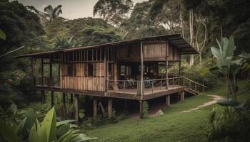 Stilt house on tropical water surrounded by forest generated by AI photo