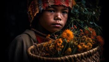 Smiling child in traditional clothing with flower generated by AI photo