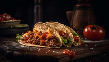 Freshly grilled beef taco on rustic flatbread generated by AI photo