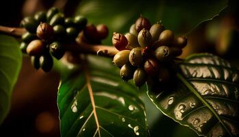 Fresh green leaf on wet branch refreshing water generated by AI photo