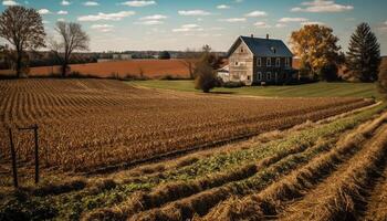 Rustic farmhouse sits upon grassy meadow Harvest beauty generated by AI photo