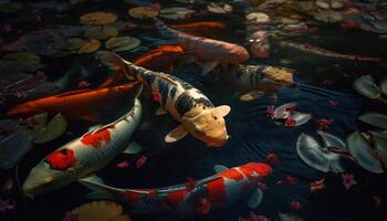 Multi colored koi swim in tranquil pond generated by AI photo