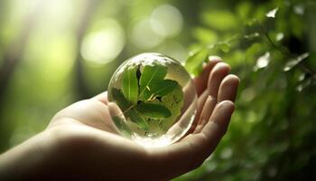 Human hand holding green leaf symbolizing environmentalism generated by AI photo